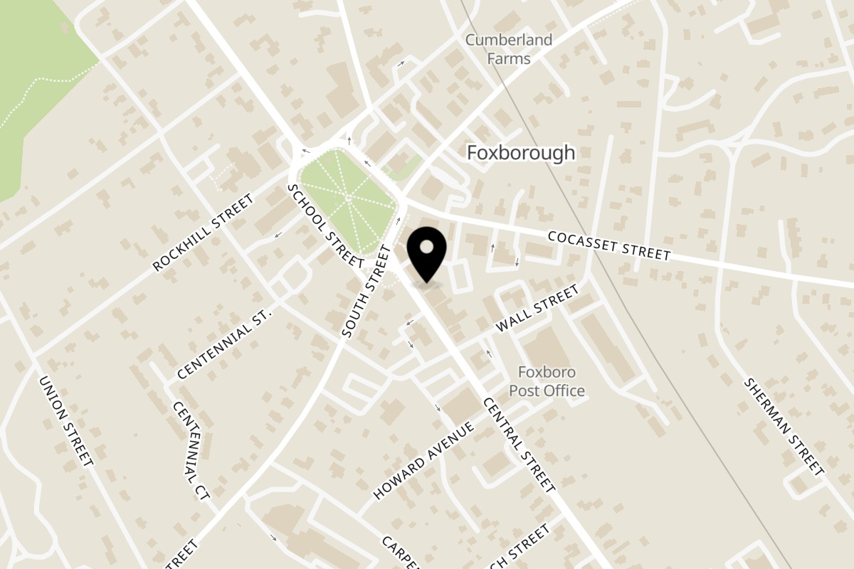 Map showing the location of The Commons Neighborhood Eatery on 20 Central St in Foxborough
